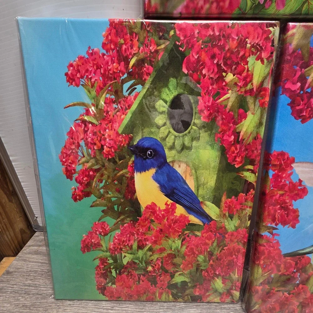 Set of 3 Bird Canvas Wall Art 16x12 Cardinal Bluebird Hummingbird Nature Decor